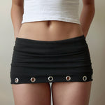 Metal Grommet-punched Low-rise Body-hugging Edgy Casual Style Solid-color Mini Skirt For Bold Chic Looks