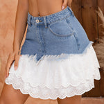 Elegant Womens Patchwork Asymmetrical Lace-trimmed Washed-jean Short